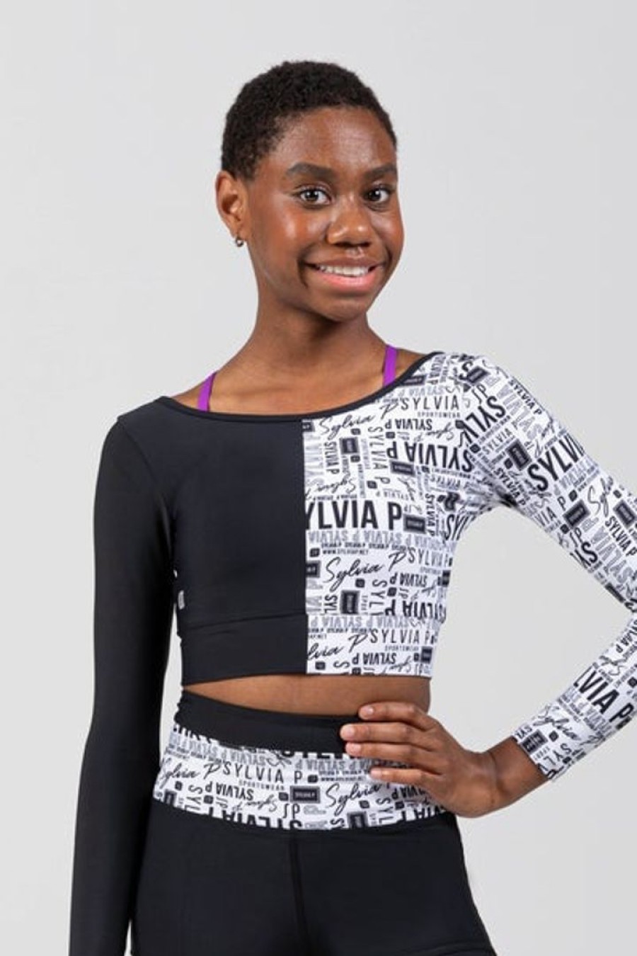 Dancewear sylvia | Sylvia P Two-Tone Cropped Long Sleeve Top